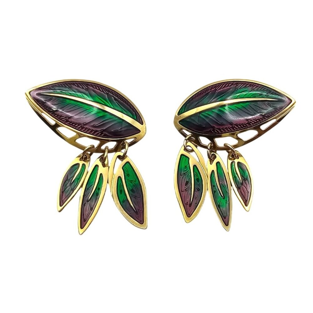 Berebi Enamel Leaf Drop Earrings Purple Green Pierced Gold Tone